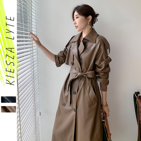 Women Long PU Leather Trench Coat Black Brown Sashes Loose Faux Leather Coats Jacket 2022 New Fashion Clothing Good Quality ► Photo 1/6