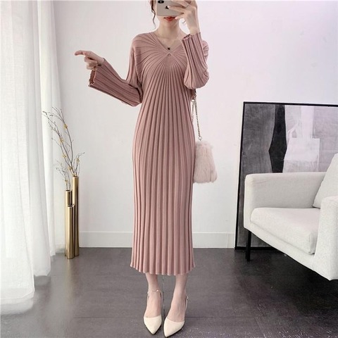 High Elastic Skinny Stretchy Dress Ladies Woolen Dress 2022 Fall Winter Waist Thin V-neck Bottoming Vintage Dress Sexy Dress ► Photo 1/6