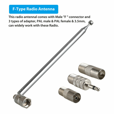 F Type Telescopic Aerial Antenna 75 Ohm with TV / 3.5 Adapter Wave Radio FM ► Photo 1/6