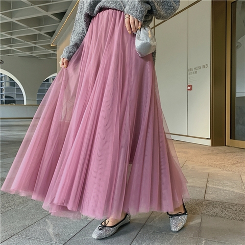 TingYiLi Elegant Tulle Skirt Autumn Winter Big Swing Women Skirt Korean Cute Pink Green Gray Blue Brown Black Long Skirt Tutu ► Photo 1/6