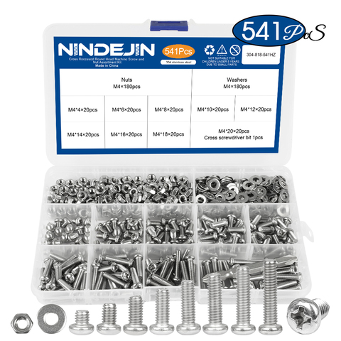 NINDEJIN 541/721pcs Cross Recessed Round Head M3 M4 M5 Screw Set Nut Washer Stainless Steel Phillips Machine Screw Assorted Kit ► Photo 1/6