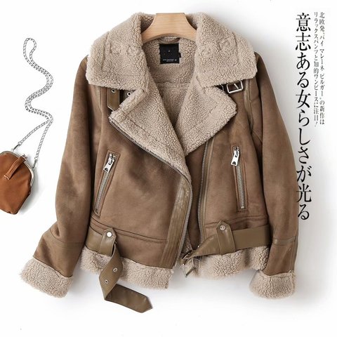 Ailegogo Women Winter Faux Shearling Sheepskin Fake Leather Jackets Lady Thick Warm Suede Lambs Short Motorcycle Brown Coats ► Photo 1/6