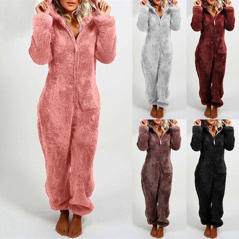 Women Casual Hooded Warm Plush Bodysuit Winter Zipper Playsuits Homewear Sleepwear Women's Pajamas Long Sleeve jumpsuit trousers ► Photo 1/6
