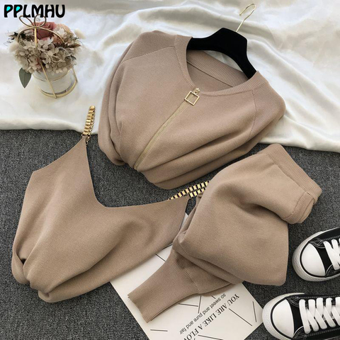 Solid Color Knitted Elegant 3 Piece Suit O-Neck Zipper Cardigan Coat Tops + Chain vest + Elastic Harem Pants Fashion Female ► Photo 1/6