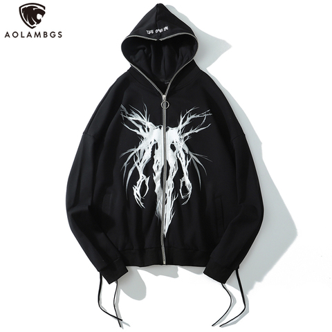 Aolamegs Punk Graphic Print Zipper Ribbon Hooded Hoodie Men Casual Black Cool Oversize Coat Fashion Sweatshirt Streetwear Autumn ► Photo 1/6