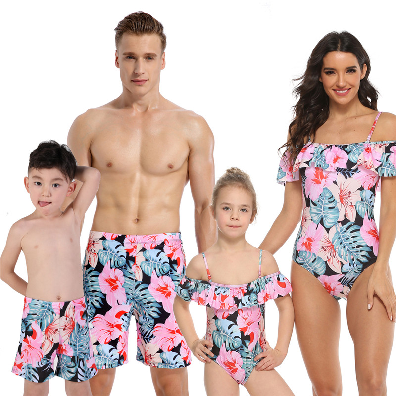 Clothes Outfits Look Father Son Swim Shorts Mommy Dad and Me Bath Suit Mother Daughter Matching Swimwear Flower Family Swimsuits