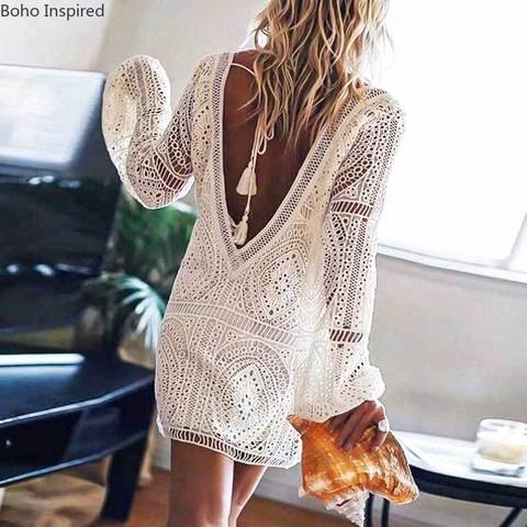 BOHO INSPIRED lace tunic dress women V-neck tassle tied back bikini cover up sexy summer beach dress plus size boho dress ► Photo 1/6