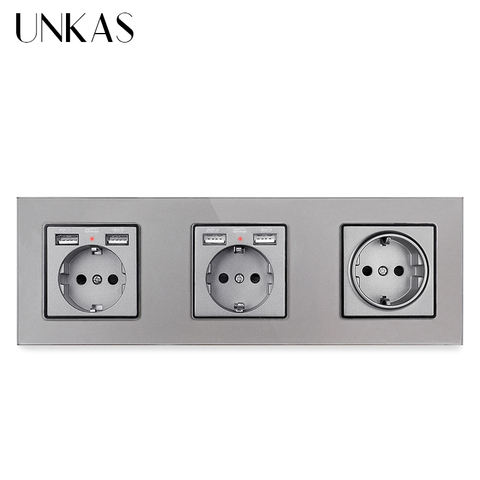 UNKAS Gray 3 Gang Russia Spain EU Standard Grey Socket + 4 USB Charge Port Hidden Soft LED Indicator Tempered Glass Panel Outlet ► Photo 1/6