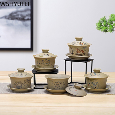 WSHYUFEI Jingdezhen ceramic Gaiwan bowl Chinese style Stoneware retro tea set Handmade Bubble tea bowl Travel Tea cup 150ml ► Photo 1/6