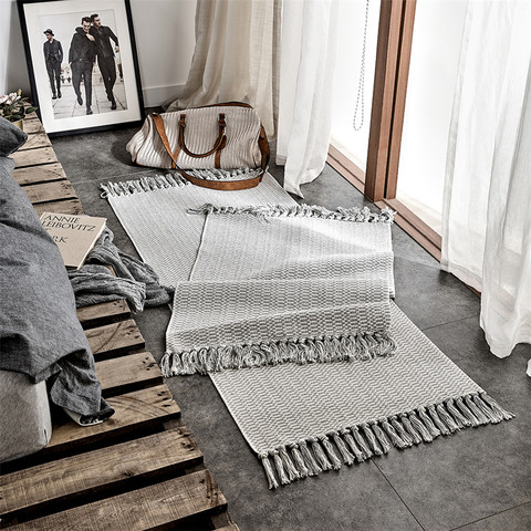 Gray Cotton And Linen Tassel Woven Carpet Nordic Bedroom Bedside Mat Hand Knotted Rug Simple Furniture Cover ► Photo 1/6