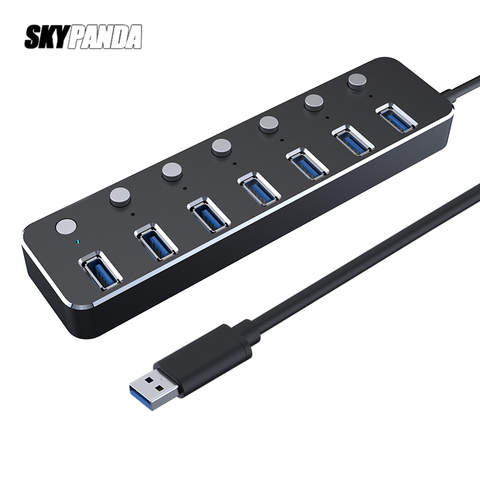 Aluminum 7-port USB 3.0 Hub 60/120cm Cable Sub-control Switch 5Gbps LED Indicator HUB Chargeable Splitter For Multi USB Devices ► Photo 1/6