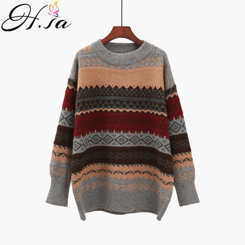 H.SA 2022 Women Vintage Pullover and Sweaters Winter Loose Style Striped Pull Jumpers Korean style Knitwear Casual Tops Femme ► Photo 1/6