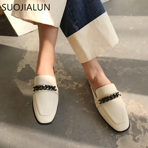 SUOJIALUN Luxury Design Slip On Outside Mules Slippers Brand Chain British Sandal Shoes Flat Round Toe Slides Big Size 41 ► Photo 1/6