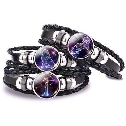 12 Zodiac Signs Glass Dome Leather Bracelet Fashion Jewelry for Couple Aries Taurus Leo Cancer Aquarius Pisces Bangle Bracelet ► Photo 1/4