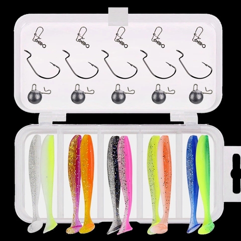 Soft T Fishing Lure Set 25pcs Silicone Baits with Lead Jig Head Fishhook Offset Hooks Worm Carp Fishing Tackle Kit ► Photo 1/6