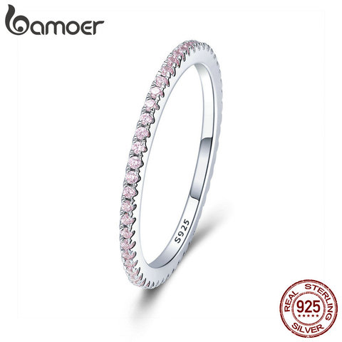 BAMOER 925 Sterling Silver Pink Crystal Wedding Female Rings for Women Simple Geometric Ring Sterling Silver Jewelry SCR066 ► Photo 1/6