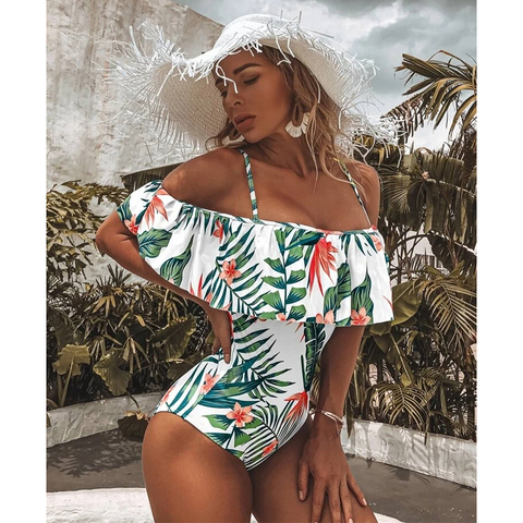 2022 Sexy One Piece Swimsuit Classic Off Shoulder Women Swimwear Ruffle Monokini Retro Black Bodysuit Vintage Bathing Suit Girls ► Photo 1/6