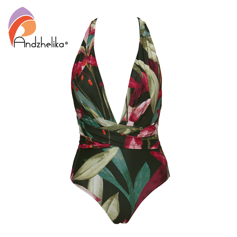 Andzhelika Floral Leaves V-Neck One Piece Swimsuit Women Halter Swimwear Bodysuit Monokini Swimwear Girl Beach Bathing Suits ► Photo 1/6