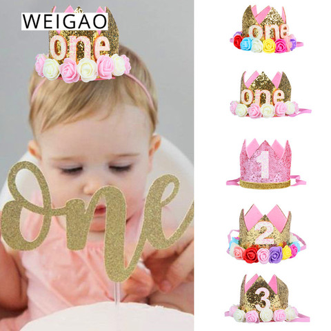 WEIGAO 1/2/3 Happy Birthday Party Caps Decor One Birthday Hat Princess Crown Baby Birthday Headband 1st 2nd 3rd Year Old Decor ► Photo 1/6