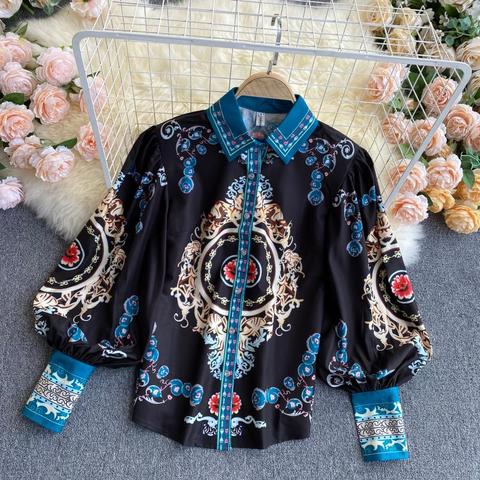 Spring 2022 Temperament New Blouse Female Color Matching Lantern Sleeve Single-breasted Blusa Fashion All-match Lapel Shirt C428 ► Photo 1/6