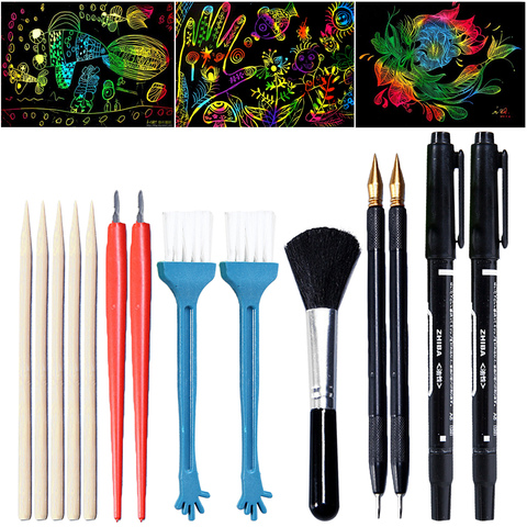 14PCS Scratch Tool Set with Bamboo Sticks Scraper Repair Scratch Pen Black Brush for Kids Children Scratch Painting Gift ► Photo 1/6