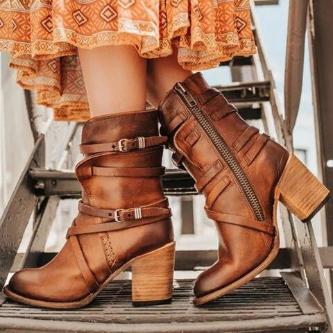 Fashion Punk Gothic Style Buckle Strap Round Toe Boots Women Shoes Zipper Boots Street haulage motor mujer zapatos 2022 ► Photo 1/5