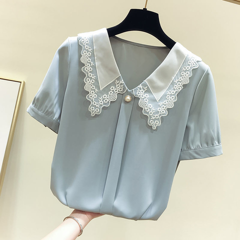 Women Spring Summer Style Chiffon Blouses Shirts Lady Casual Short Sleeve Peter Pan Collar Chiffon Blusas Tops ZZ0792 ► Photo 1/6