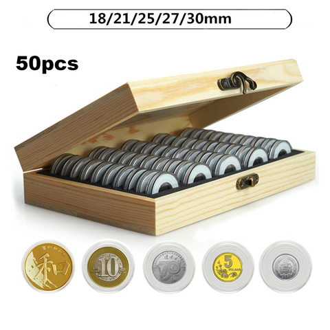 50Pcs 30mm Clear Coin Holder Capsule Case with Protector Gasket Wood Storage Box for Collectable Coins Medal Collection Supplies ► Photo 1/6