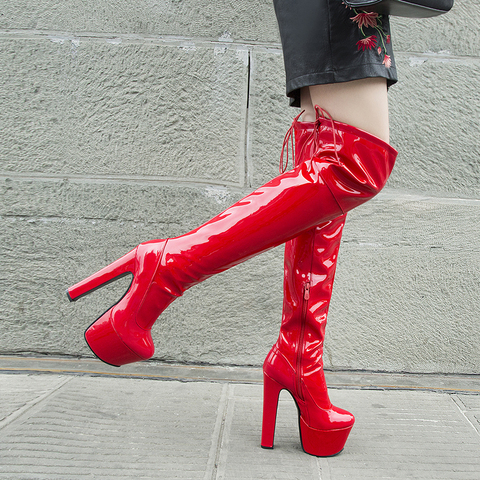 Rimocy Women Platform Over The Knee Boots Sexy 17CM Super High Heels Red Patent Leather Long Boots Woman 2022 Winter Black Shoes ► Photo 1/6