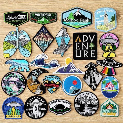 DIY Adventure Travel Patches For Clothing Mountain Camping Badge Space Stripe Iron On Patches On Clothes UFO Embroidery Patch ► Photo 1/6