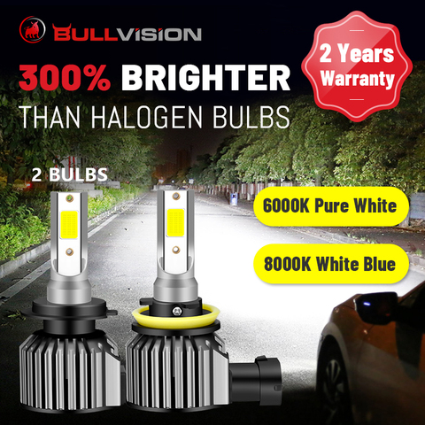 BULLVISION 2PCS H7 LED Headlight Lamps H4 HB3 HB4 9005 9006 H11 H8 H9 Error Free 6000K 8000K Auto Mini Headlamp 2 Pack Car Bulbs ► Photo 1/6