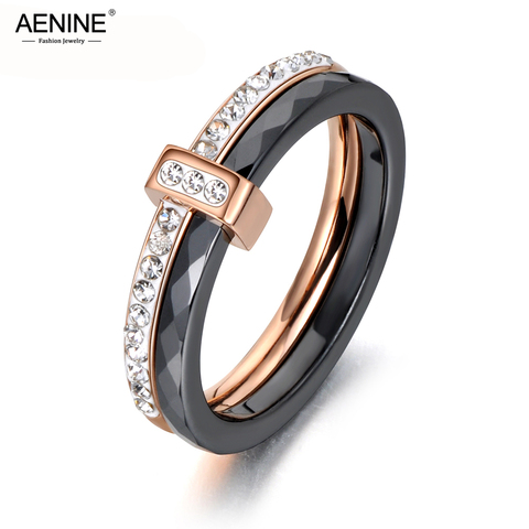 AENINE Fashion Black/White Ceramic Crystal Wedding Rings Jewelry For Women Girls Rose Gold Stainless Steel Bohemia Ring AR18054 ► Photo 1/6