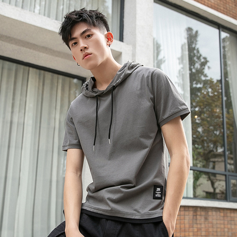 BROWON False Two Short Sleeve T-shirt Men's Hoods Casual Loose Summer New Solid Color Stitching Cotton Top Tee ► Photo 1/6