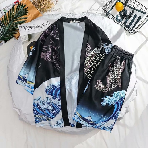 Printing Japanese Kimono Men Clothing T-shirt Cotton National Style Short-Sleeved Cropped Trousers Summer Male Two-Piece Costume ► Photo 1/6