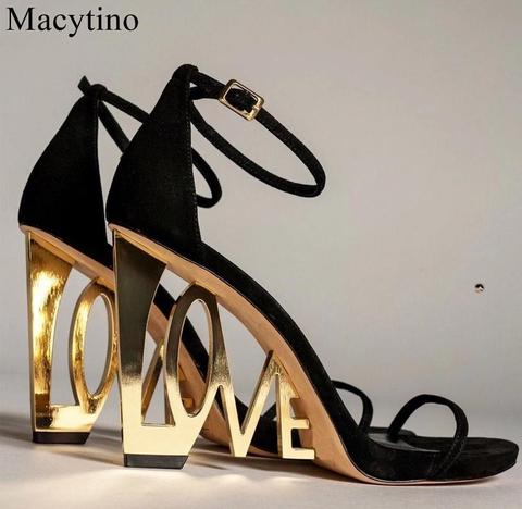 Gold Letter Love Heel Sandals Women Peep toe Wedge High Heels Sandals Black Ankle Strap Newest High Heel Dress Shoes ► Photo 1/6