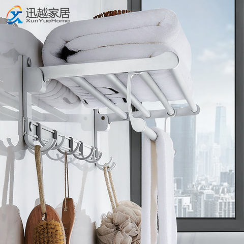 Towel Holder Punch Free Shower Rack Bathroom Accessories Fold Wall Organizer Hook Hanger Matte Silver Aluminum Storage Shelf ► Photo 1/6