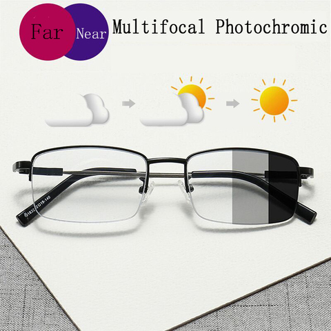 Memory Titanium Alloy Transition Photochromic Sun Progressive Reading Glasses Men Anti-blue Light Multifocal Presbyopia Glasses ► Photo 1/6