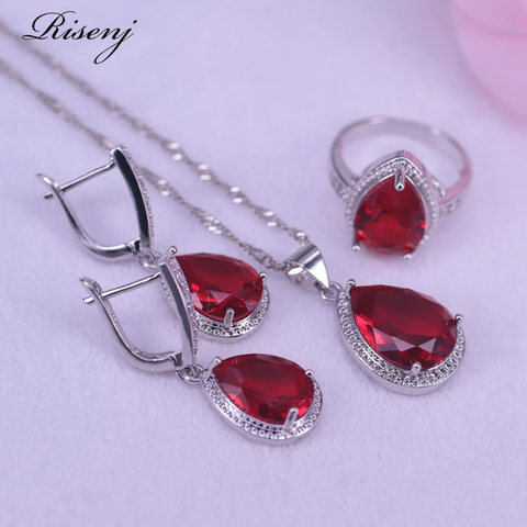 Lucky Colors Red Stone Jewelry Sets Silver Color Sweet Water Drop Necklaces Ring Earrings for Women Statement Jewelry ► Photo 1/6