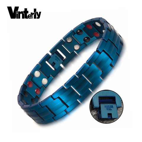 Vinterly Blue Magnetic Bracelet Men Chain Link Stainless Steel Men Bracelet Health Energy Germanium Hologram Mens Bracelets 2022 ► Photo 1/6