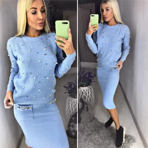 Women Two Piece Warm Set O-Neck Pearl Beading Knitted Pullover  Pencil Skirt Women Elegant 2 Piece Suits ► Photo 1/6