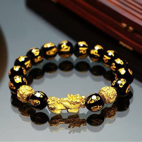 Feng Shui Obsidian Stone Beads Bracelet Men Women Unisex Wristband Gold Black Pixiu Wealth and Good Luck Color Changing Bracelet ► Photo 1/6