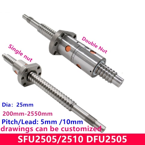 SFU RM2505 BallScrew SFU2505 200 - 2550 mm 25mm ball screw C7 with 2505 2510 flange Single / Double Nut BK/BF20 end machined for cnc Parts ► Photo 1/1
