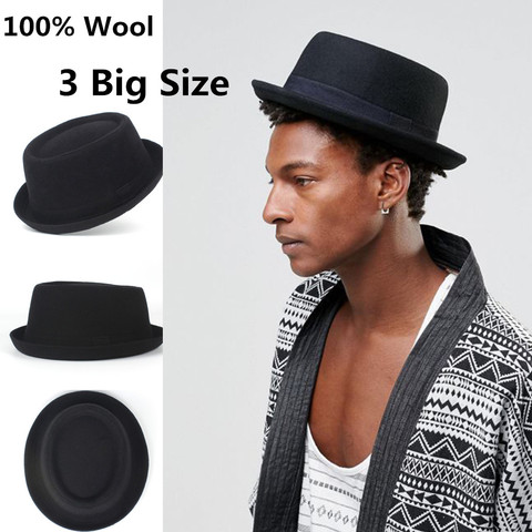 Big Size 100% Wool Men Pork Pie Hat For Dad Black Fedora Hat For Gentleman Flat Bowler Porkpie Top Jazz Hat ► Photo 1/6