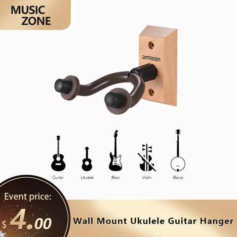 Wall Mount Ukulele Guitar Hanger Hook Ukelele Uke Stringed instrument Holder Keeper Auto Grip System Rubber Cushion Wood Base ► Photo 1/6