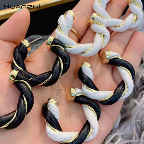 HUANZHI 2022 New Leather Metal Twisted Weave Earrings Black White Geometric Circel hoop earrings for Women Girls Party Jewelry ► Photo 1/6