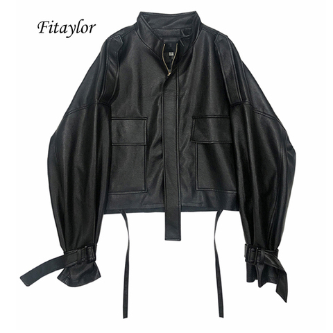 Fitaylor 2022 New Autumn Women Faux Soft Pu Motorcycle Leather Jacket Casual Loose Black Faux Leather Punk Zipper Overcoat ► Photo 1/6