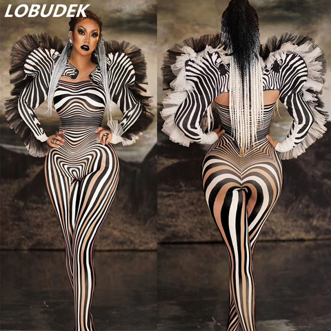 Zebra Pattern Jumpsuit Halloween Party Cosplay Costume Rompers Bar Nightclub Women Singer Dancer Stage Wear Elastic Jumpsuits ► Photo 1/6
