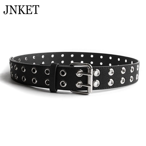 JNKET Punk Double Pin Buckle Men's Belt Grommet Rivets Waist Belt PU Leather Waist Strap Fashion Casual Jeans Rock Belt ► Photo 1/6