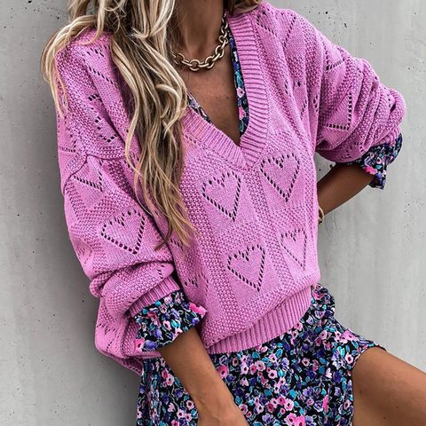 BOHO INSPIRED KNIT Casual V-neck women sweater Autumn winter long sleeve hollow out knitted sweater heart shaped ladies pullover ► Photo 1/6