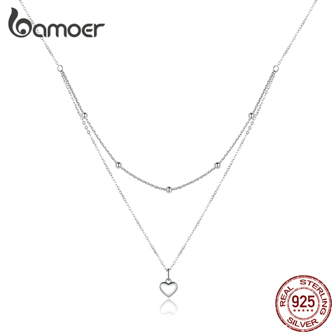 bamoer Genuine 925 Sterling Silver Heart Pendant Necklace for Women Silver Double Layers Female Necklaces Fine Jewelry BSN168 ► Photo 1/6